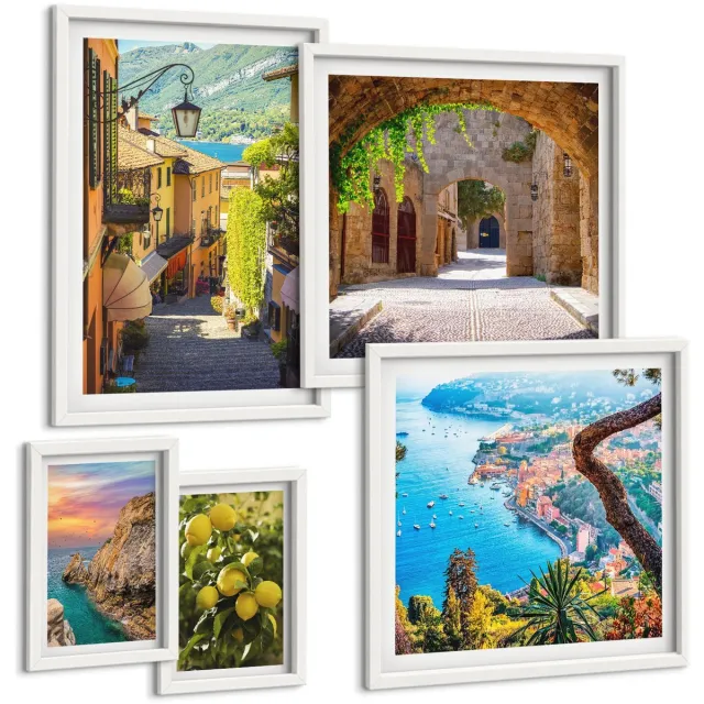 TULUP 4-Delige Schilderij Set - Charmante uitzichten op kustplaatsen en landschappen - 50 x 50 cm, 20 x 30 cm en 40 x 60 cm - Wanddecoratie - Muurdecoratie - Woonkamer - Stijlvolle Muurdecoratie Witte lijst