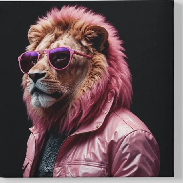 Trendex Global Vierkant Canvas Schilderij - Roze Leeuw - Cool - 40x40x2 cm