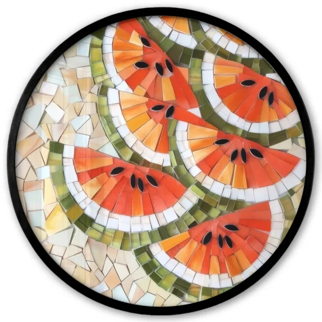 FrameYourWall Poster in lijst Rond - Fotolijst 40x40 cm - Posters - Mozaïek - Watermeloen - Rood - Pitten - Ronde posterlijst zwart - Decoratie - Wanddecoratie woonkamer - Muurdecoratie slaapkamer Watermeloen - Pitten - Mozaïek