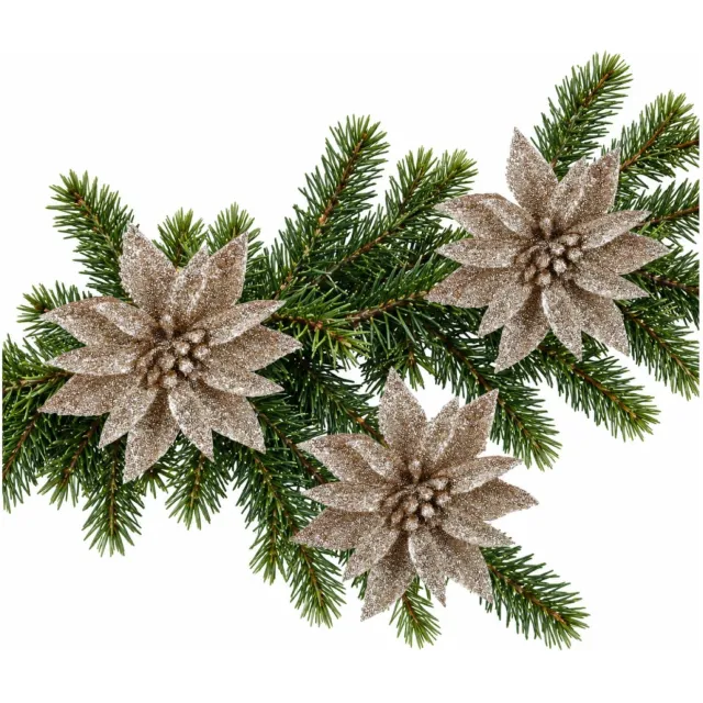 House of Seasons Kerstboom bloemen op clip - 24x stuks - champagne - kunststof - kerstornamenten