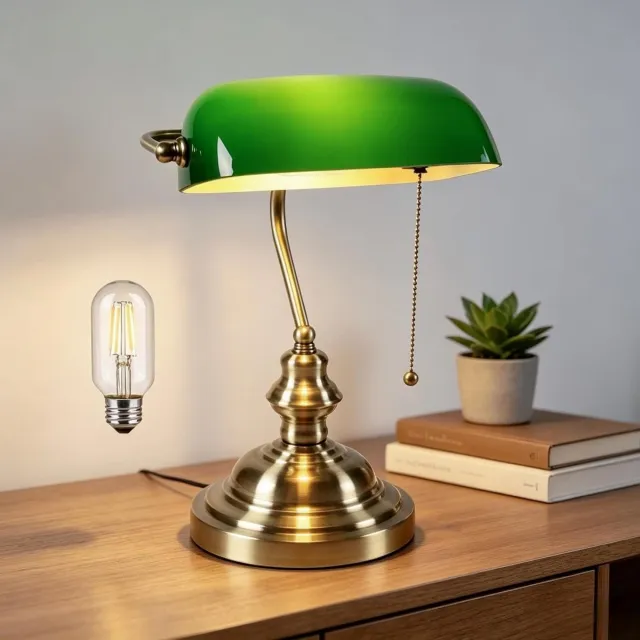Lexium Store Bankierslamp - Groen - Met Glazen Kap en Messing Voet - Verstelbare Vintage Bureaulamp voor Kantoor en Studeerkamer
