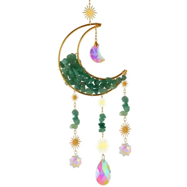 Goodli Suncatcher Maan met Groene Aventurijn - Zonnevanger Raamdecoratie met Prisma Kristal - Goud en Groen Groene Aventurijn Suncatcher