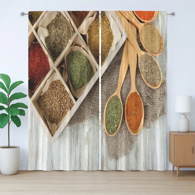 ABAKUHAUS Kruiden Rustieke gordijnen, Box Design van de Specerijen Schuss, Woonkamergordijnen met universele band, lussen en haken, 2 stuks 140 cm B x 225 cm L, Meerkleurig