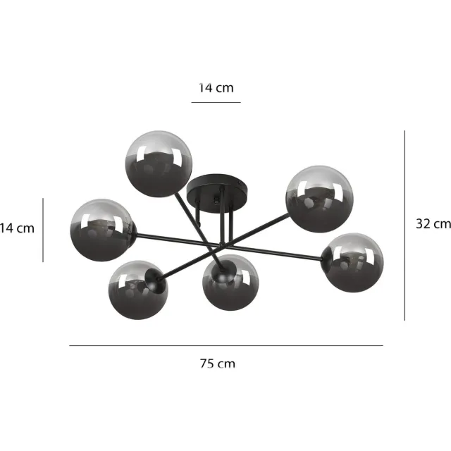 Emibig Kangasala ronde speelse 6L plafondlamp zwart met gerookte glas bollen E14 - Perfect voor sfeervolle verlichting in elke ruimte Zwartachtig