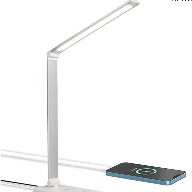 RFWR Dimbare Led-bureaulamp met 5 Kleuren en 10 Helderheidsniveaus - Oogvriendelijke Lamp met USB-opladen en Touch-bediening Wit