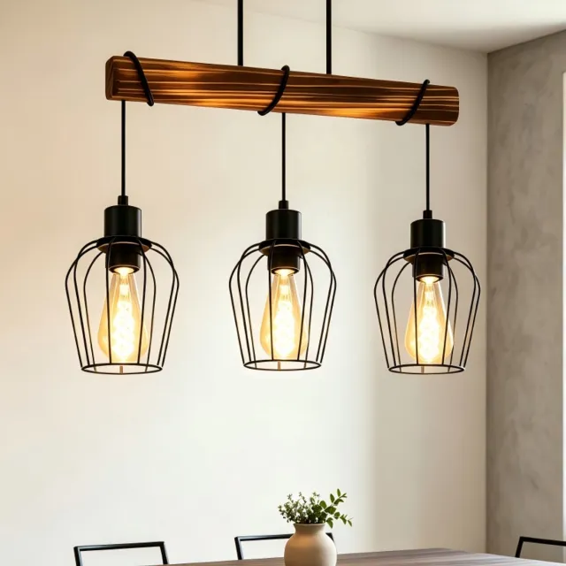 NETTLIFE Plafondlamp 3 vlammen E27 - zwart - retro - hout en Metaal - hoogte verstelbare voor Woonkamer Keuken Slaapkamer - zonder gloeilamp