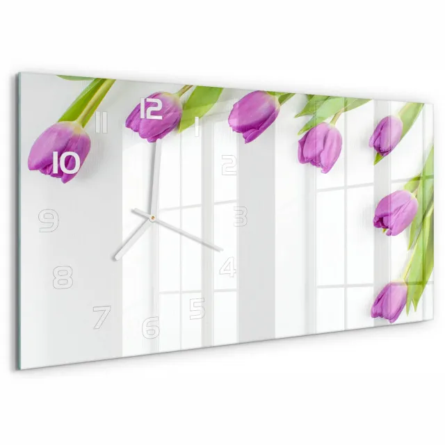 TULUP Wandklok - Paarse tulpen Wandklok Glas Met Motief - 60x30 cm - Paars Decoratieve Glazen Klok - Witte handen - Rechthoekige Klok - Gekleurde Glazen Klok - Glazen Klok Met Print
