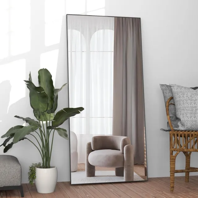Famanu Volledige lengte spiegel 165 x 60 cm, grote zwarte vloer spiegel, rechthoekige spiegel voor slaapkamer en woonkamer, staand of leunend met aluminiumlegering frame