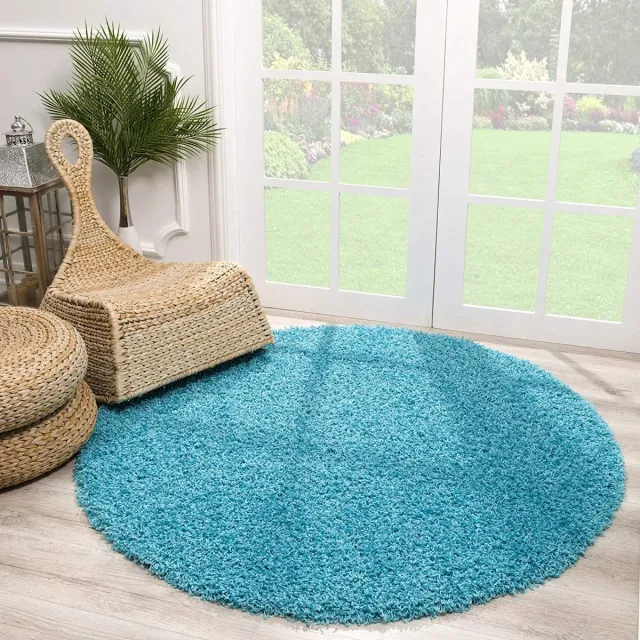 Muratap Rond Loca Shaggy Vloerkleed – Modern Uni Effen – Turquoise Blauw Hoogpolig & Zacht- 300 CM Ø