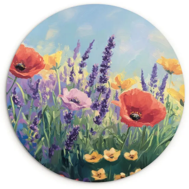 WallCircle Wandcirkel 90x90 cm - Muurcirkel Weide - Bloemen - Kleurrijk - Muurdecoratie woonkamer - Wanddecoratie slaapkamer - Kamer decoratie accessoires - Ronde schilderijen Klaprozen