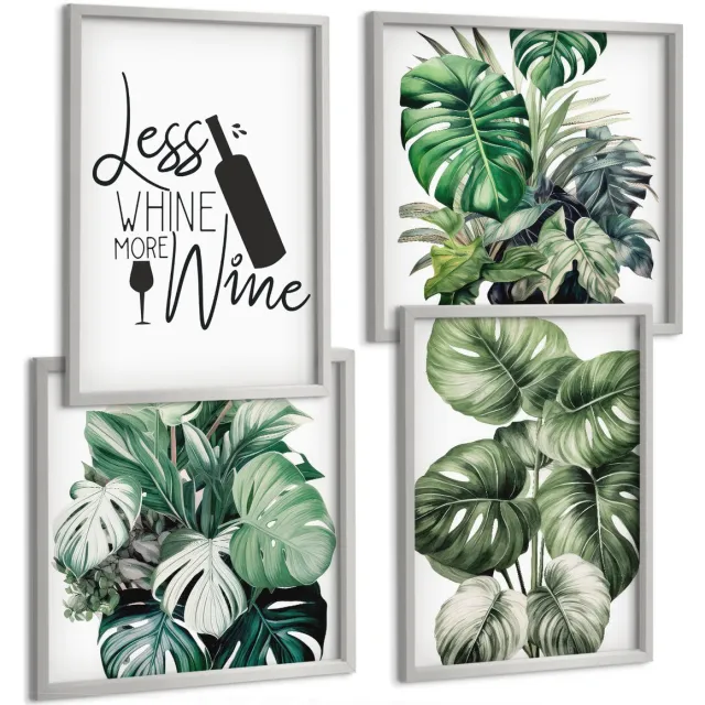 TULUP 4-Delige Schilderij Set - Groene plantenbladeren met het opschrift "wijn". - 40 x 40 cm en 40 x 60 cm - Stijlvolle Muurdecoratie - Kantoor - Decoratieve Schilderijen Zilveren lijst