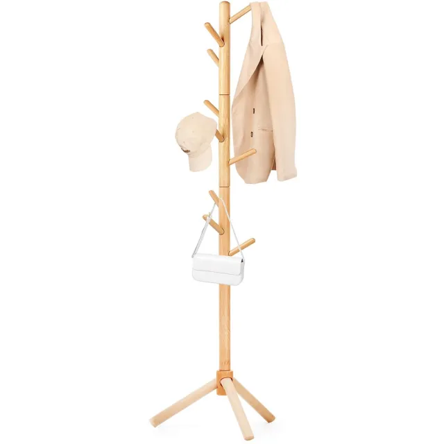 Famanu Kapstok van beukenhout, boomvormige garderobe met 9 haken, 3 hoogteverstellingen, vrijstaande jasstandaard voor kleding, hoeden en sjaals, natuurlijke kleur Naturel