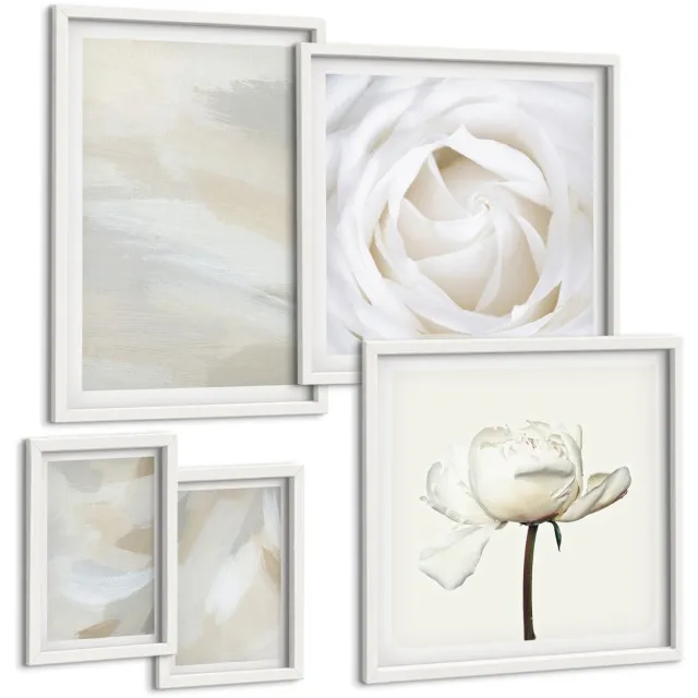 TULUP 4-Delige Schilderij Set - Bloemige inspiratie in delicate witte tinten - 50 x 50 cm, 20 x 30 cm en 40 x 60 cm - Decoratieve Schilderijen - Woonkamer - Interieur - Woonkamer Decoratie Witte lijst