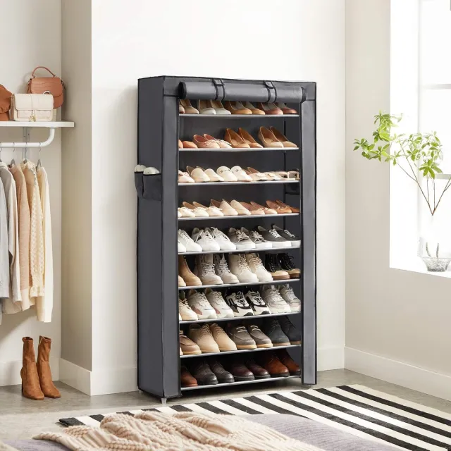 Famanu Schoenenrek met 10 niveaus, 28 x 88 x 160 cm, schoenenkast, schoenenopberger, met stofkap, schoenenopberger, voor hoge hakken, sportschoenen, metalen frame, grijs RXJ36G