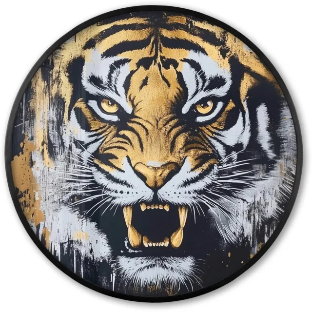 FrameYourWall Poster in lijst Rond - Fotolijst 80x80 cm - Posters - Tijger - Verfspatten - Goud - Ronde posterlijst zwart - Decoratie - Wanddecoratie woonkamer - Muurdecoratie slaapkamer