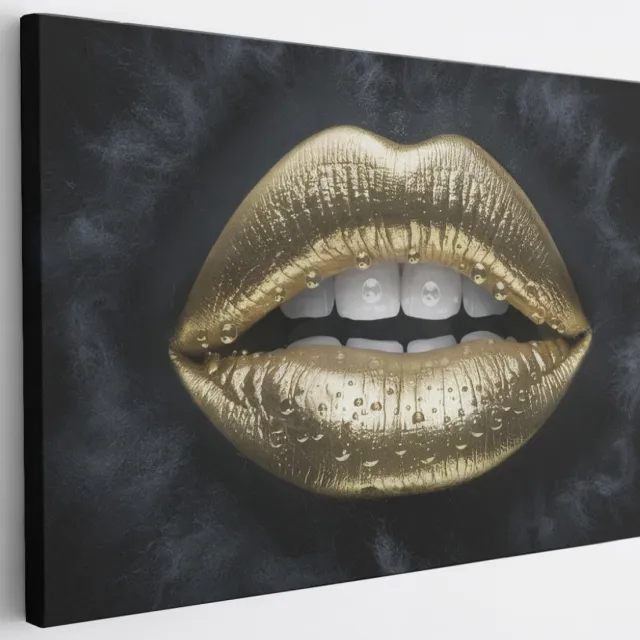 Saammp Canvas Schilderij - Goude Lippen - Abstract - 90x60 - Foto op canvas - Wanddecoratie - Muurdecoratie Woonkamer - Slaapkamer decoratie - Canvas Print Multicolor