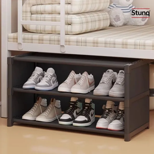 Stunq 2-laags stofdicht schoenenrek donkergrijs – stapelbaar en ruimtebesparend voor onder bed of entree