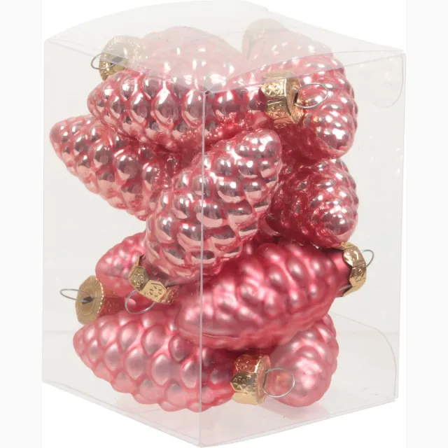 Othmar Decorations 12x Dennenappel kersthangers/kerstballen bubblegum roze van glas - 6 cm - mat/glans - Kerstboomversiering Fuchsia