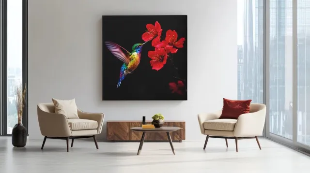 Trendex Global Vierkant Canvas Schilderij Kolibrie met Rode Bloemen - Kleurrijke Vogel - Wanddecoratie Woonkamer - 40 x 40 cm