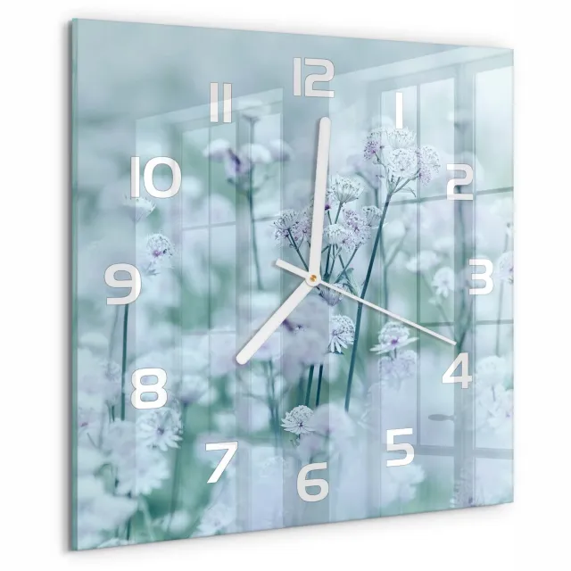 TULUP Wandklok - Grote garenkruid Wandklok Glas Decoratie - 30x30 cm - Wit Gekleurde Glazen Klok - Witte handen - Vierkante Klok - Klok Glas Met Opdruk - Moderne Wandklok Glas