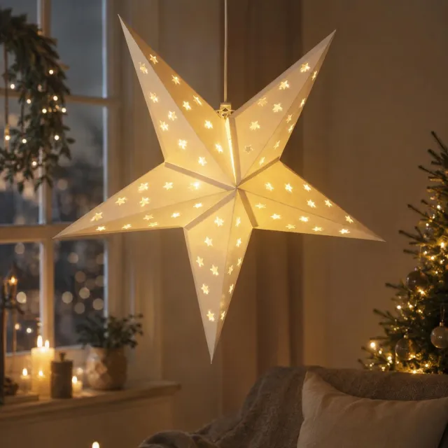 Lumineo kerstster - 60 cm - warm wit licht - op batterijen - papier - sfeervolle kerstdecoratie