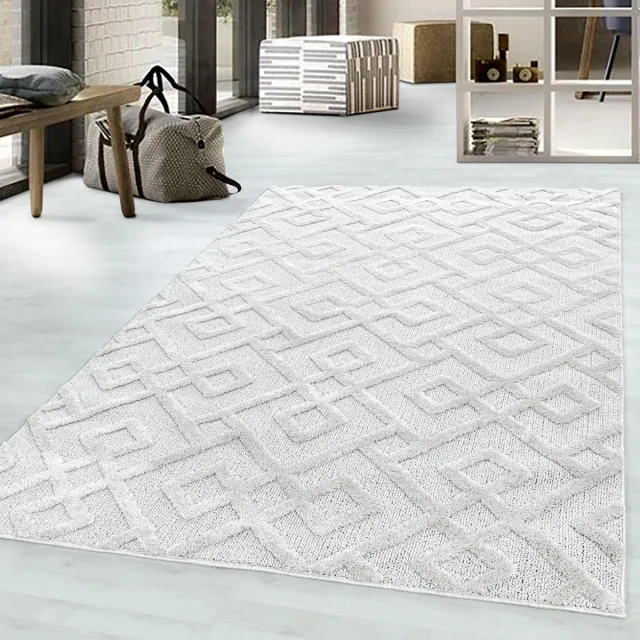 Ayyildiz Hoogpolig vloerkleed, geometrisch patroon, crèmekleur, woonkamerkleed, jute achterkant, afmeting: 80 x 150 cm