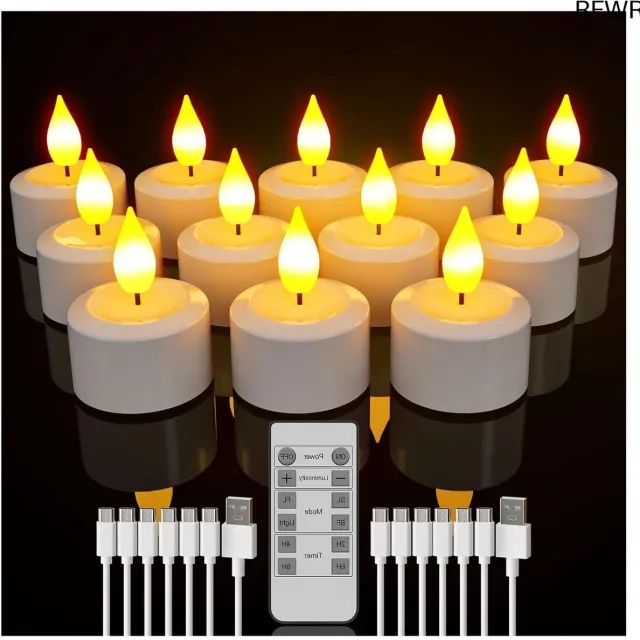 RFWR Oplaadbare Vlamloze Theelichtjes met Afstandsbediening - 12 Stuks LED Kaarsen met Timer en USB-C Wit