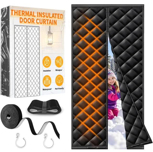 Famanu Magnetisch thermo-gordijn voor deuren, 90 x 210 cm, ideaal voor warmtebescherming en energiebesparing, met geruisloze sluiting voor gebruiksgemak Zwart