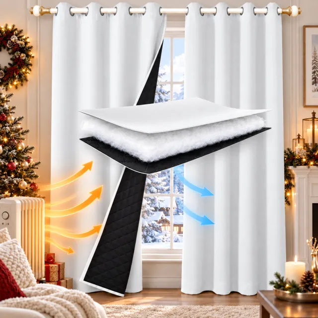 MUPOO isolerende thermische gordijnen verduisterend- 405gsm Zwaar Gequilt-Tochtwerend Dikke gordijnen voor Slaapkamer kantoor- Gebroken wit- 132x213cm-1 stuk Grijsachtig wit-1 stuk
