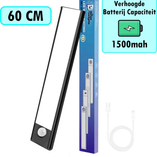 De Beste Gadgets Kastverlichting met bewegingssensor - LED Onderbouwverlichting - Ledlamp - Trapverlichting - Keukenverlichting - 60cm - Zwart [Zwart - 60cm] - UPGRADED batterij 1500 mAh