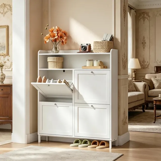 CHICFURN Schoenenkast 100 cm - Schoenenopberging - Ruimtebesparend - 4 kleppen - Hal - Spaanplaat en metaal - Wit