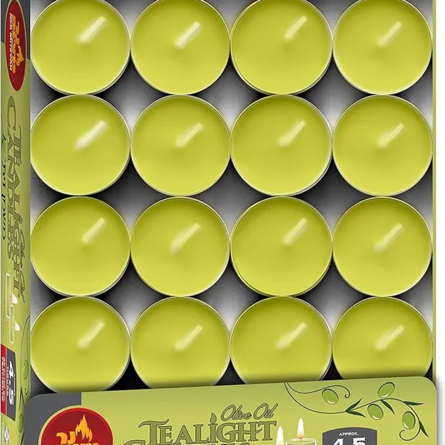 Ner Mitzveh Olive Oil Tea Light Candles in Clear Cups 40 Pack Yellow