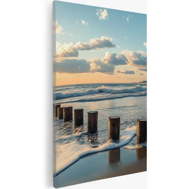 Saammp Canvas Schilderij - Strand en zee - Hout - Natuur - Landschap - 30x40 - Foto op canvas - Wanddecoratie - Muurdecoratie Woonkamer - Slaapkamer decoratie - Canvas Print Multicolor