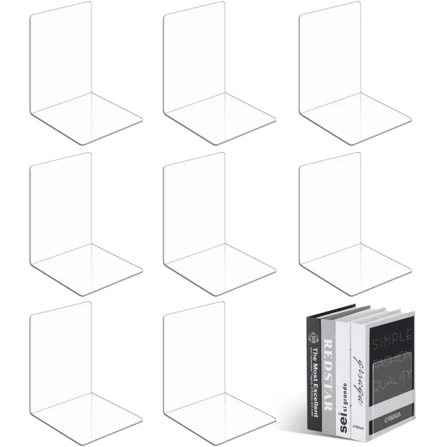 Famanu Set van 8 transparante acryl boekenstandaards, geschikt voor school, thuis, kantoor en bibliotheek, boekensteunset voor bureau organisatie