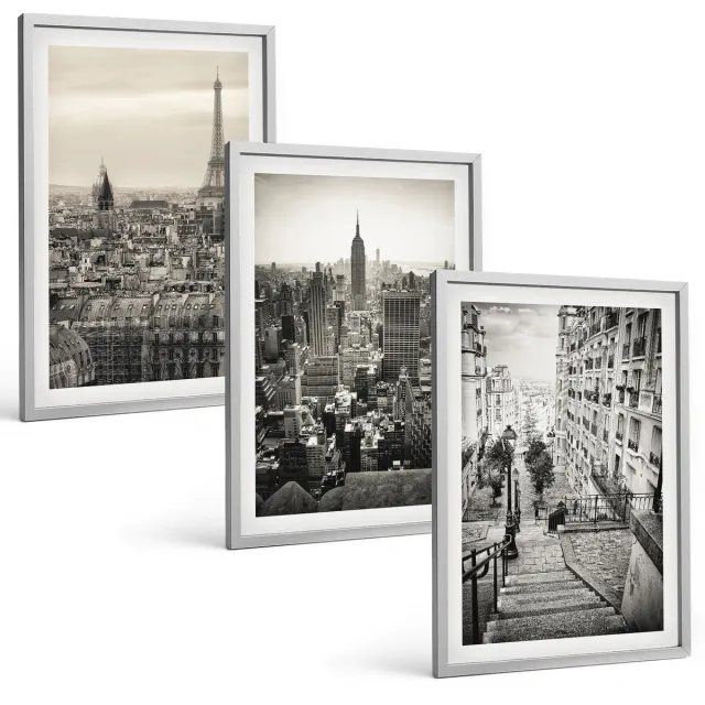 Coloray 3-Delige Schilderij Set - Stadsgezichten Parijs New York En Charmante Trappen - 40 x 60 cm - Decoratieve Schilderijen - Wanddecoratie - Hal - Stijlvolle Muurdecoratie Zilveren lijst