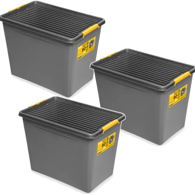 Orplast Moxom Opberger - deksel met kliksluiting - 80 liter - voorzien van wieltjes, BPA-vrij, 04-0217 - 3 stuks grijs