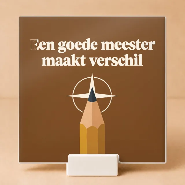 Bedruk King Retro jaren 70 ’Nieuwjaarsstart met meester’ Tegel – Stijlvolle decoratie voor leraren en onderwijsfans - 15 x 15 cm met houder Wit