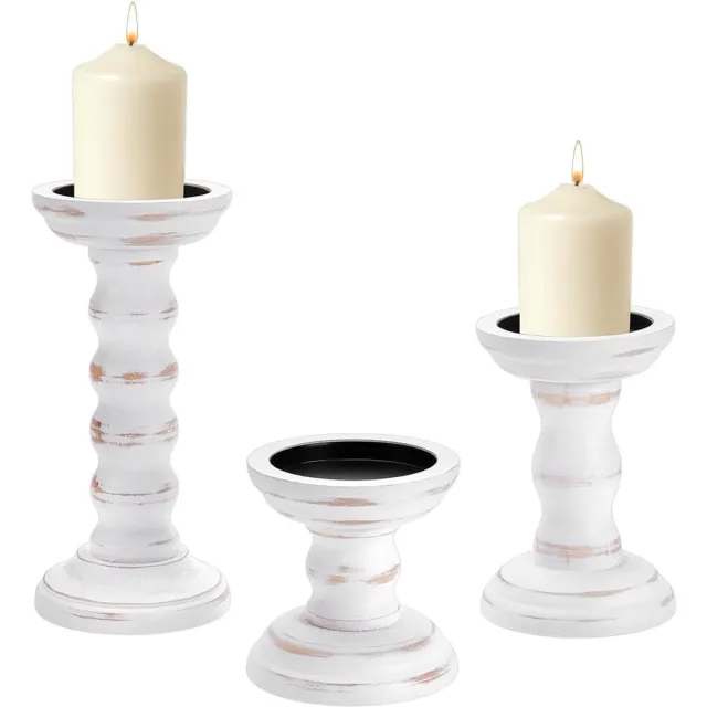 INTERWARM 5 Pack Houten Boerderij Kaars Houder - Hoge Kandelaar Houder Vintage Kaars Stand Rustieke Stijl voor Kerst Tafel Centerpieces Koffietafel Open Haard Schoorsteen Decoratie White