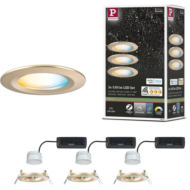 Paulmann LED-inbouwlamp Nova Coin IP44 rond 78 mm Tunable White 3x6W 3x530lm 230V Goud mat Aluminium