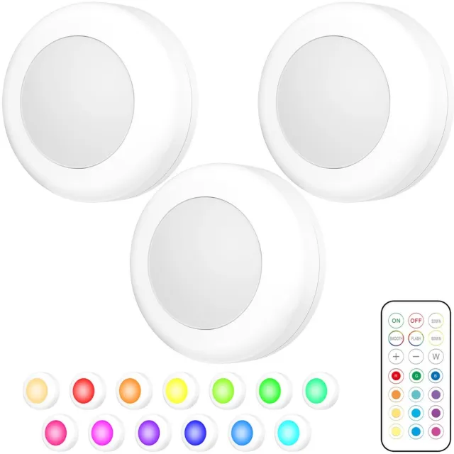 longziming 3 Stuks LED Kastverlichting RGB – Draadloze Onderbouwlampjes met Afstandsbediening – Dimbare Nachtlampjes met Timer – Batterijgevoede Puck Lights voor Keuken, Kledingkast en Plank wit