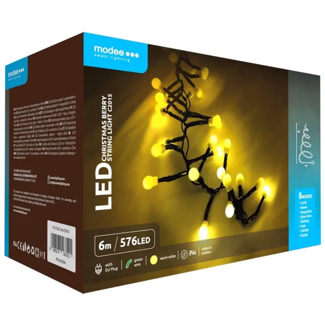 Modee Lichtsnoer Kerst 6 Meter - Buiten en Binnen - 576 LED Lampjes - Cluster Kerstverlichting - 8 Standen - Warm Wit - 5 stuks