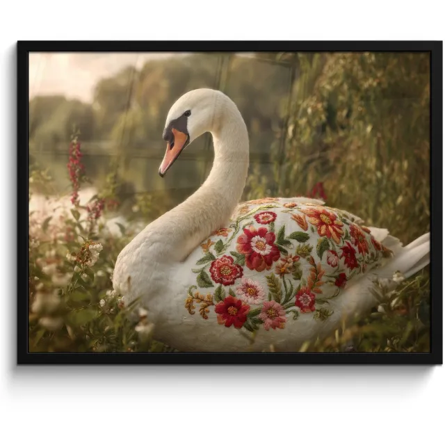FrameYourWall Poster in lijst - Fotolijst 80x60 cm - Posters - Zwaan - Bloemen - Natuur - Posterlijst zwart - Decoratie - Wanddecoratie woonkamer - Muurdecoratie slaapkamer