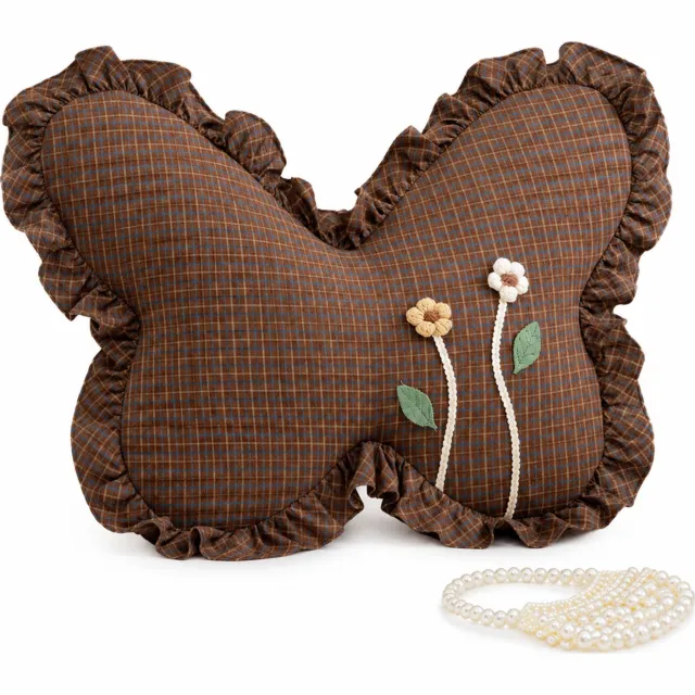 SWGOTA Vlindervormig sierkussen 60 x 45 x 10 cm - Bruin geruit met bloemen en ruches - Afneembare, wasbare katoenen hoes