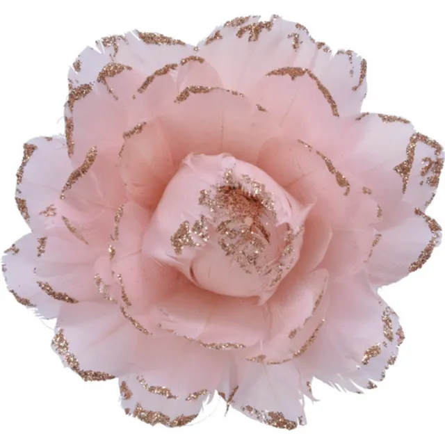 Decoris 6x stuks decoratie bloemen lichtroze met veertjes op clip 11 cm - Decoratiebloemen/kerstboomversiering/kerstversiering