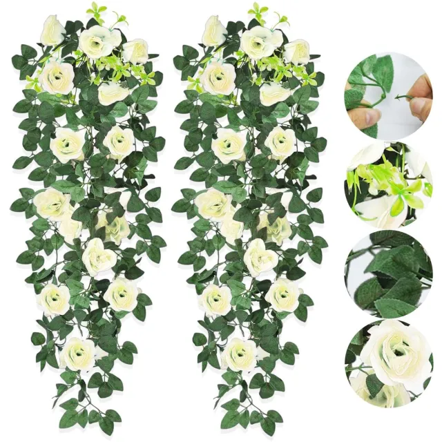 Unyqoos Set van twee decoratieve kunsthangplanten met levensechte witte rozen