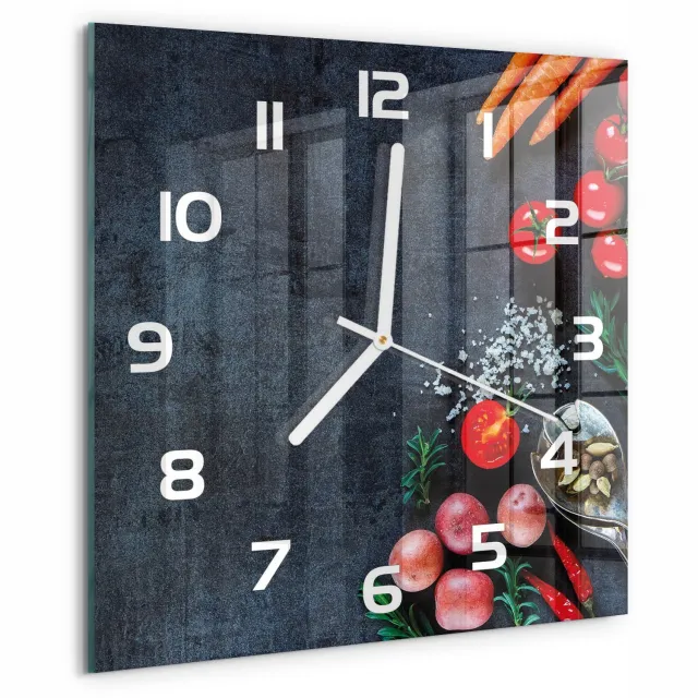 TULUP Wandklok - Ingrediënten Klok Glas Met Opdruk - 30x30 cm - Veelkleurig Moderne Wandklok Glas - Witte handen - Vierkante Klok - Decoratieve Glazen Klok - Glazen Wandklok Design