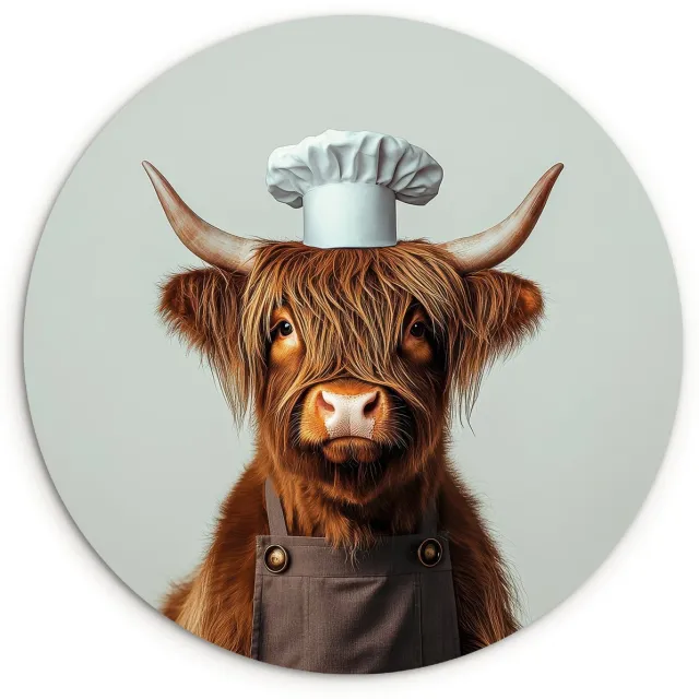 WallCircle Wandcirkel 60x60 cm - Muurcirkel Schotse Hooglander - Bruin - Hoorns - Kokskleding - Muurdecoratie woonkamer - Wanddecoratie keuken - Kamer decoratie accessoires - Ronde schilderijen Schotse hooglander - Kok