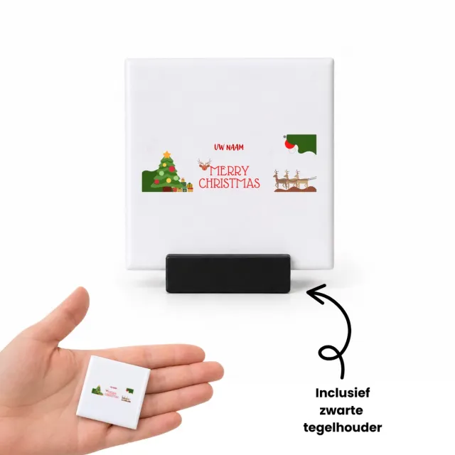 Hacebo Kerst merry christmas met eigen naam tegeltje met tegelhouder - Kerstmis - Kerst beker - tegeltjes met tekst - winter - kerst - christmas - kerst cadeau - spreuktegels - 4.8x4.8 CM Wit