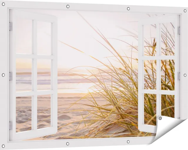 Gards Tuinposter Doorkijk Strand en Duinen tijdens Zonsondergang - 120x80 cm - Tuindoek - Tuindecoratie - Wanddecoratie buiten - Tuinschilderij Wit