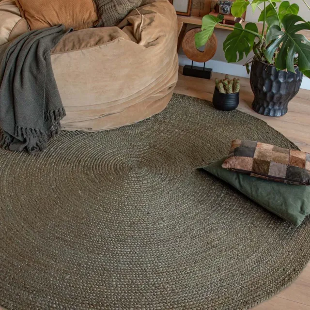 Boho&me Jute vloerkleed rond - Pure olijfgroen 190